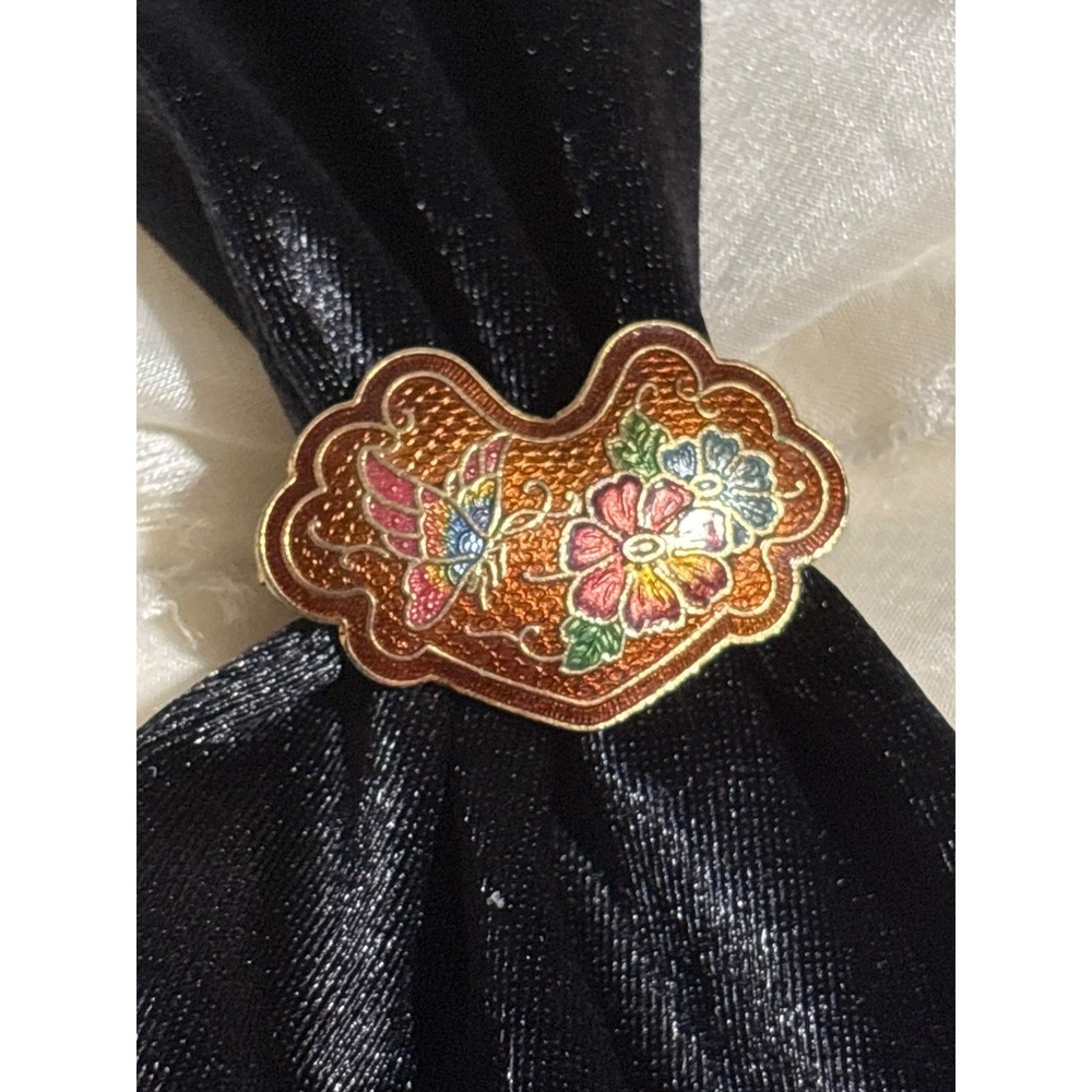 VTG Gold-Tone Cloisonné Floral Butterfly Scarf Clip Ring Jewelry Accessory